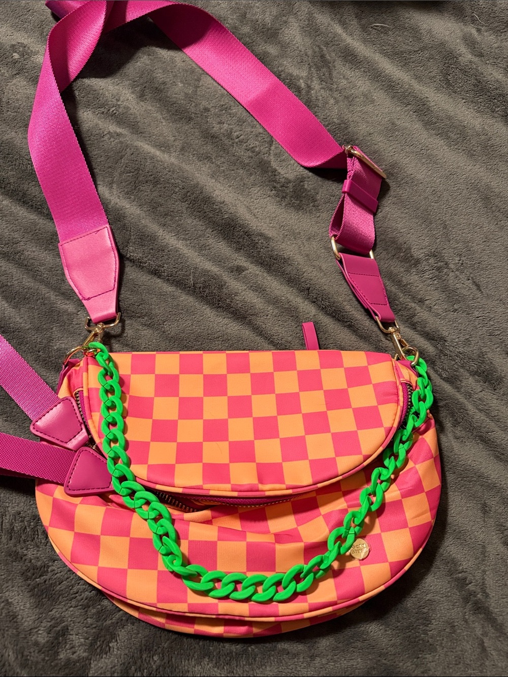 Pink & Orange Checkered Crossbody Bag with Green Chain Accent